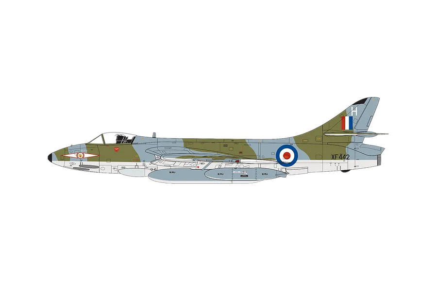 A side-profile digital illustration of a Hawker Hunter fighter jet in camouflage livery with RAF markings.