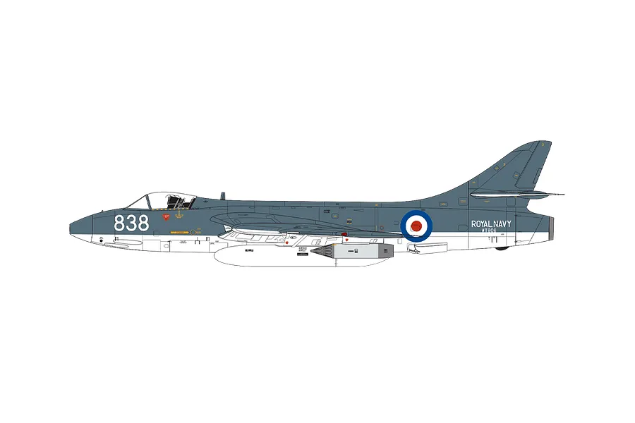 A side-profile digital illustration of a Royal Navy Hawker Hunter jet aircraft in grey and white livery with the number 838 on the nose.