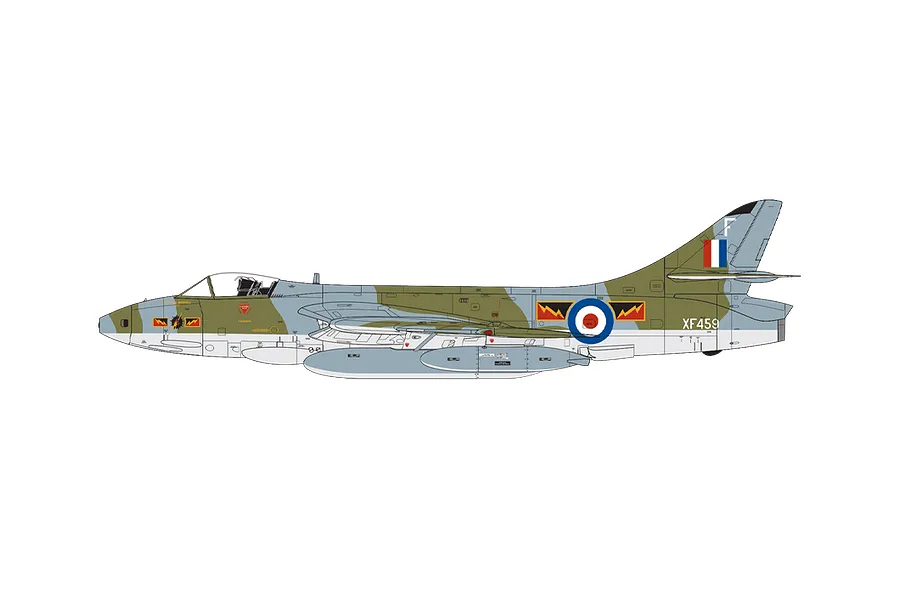 A side-profile digital illustration of a Hawker Hunter fighter jet in camouflage livery with RAF markings.
