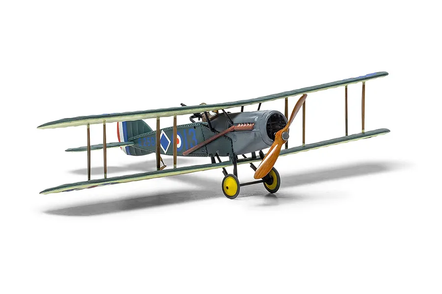 A 1/72 scale model of a Bristol F.2B fighter biplane painted in military green with a wooden propeller and yellow wheels.