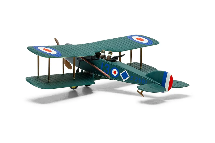 A 1/72 scale plastic model of a Bristol F.2B biplane fighter, painted in dark green with RAF roundels and pilot figures, isolated on a white background.