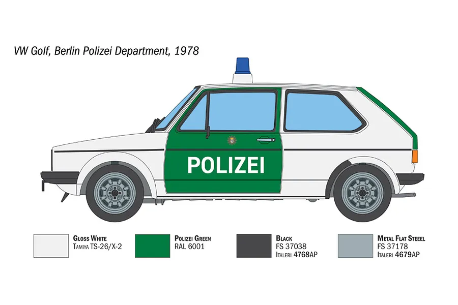 A side-profile illustration of a 1978 VW Golf Berlin Polizei car, showing paint color references for the model kit.