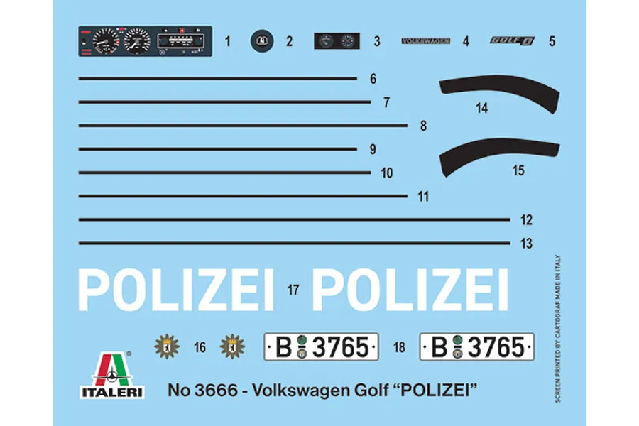 A decal sheet for an Italeri 1/24 scale 1978 VW Golf Polizei model kit, featuring dashboard gauges, stripes, Polizei lettering, and license plates.