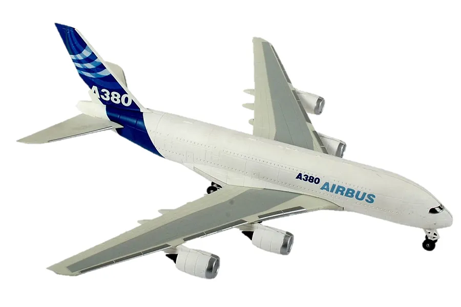 A completed Revell 1/288 scale plastic model of an Airbus A380-800 passenger jet, viewed from a high angle against a white background.