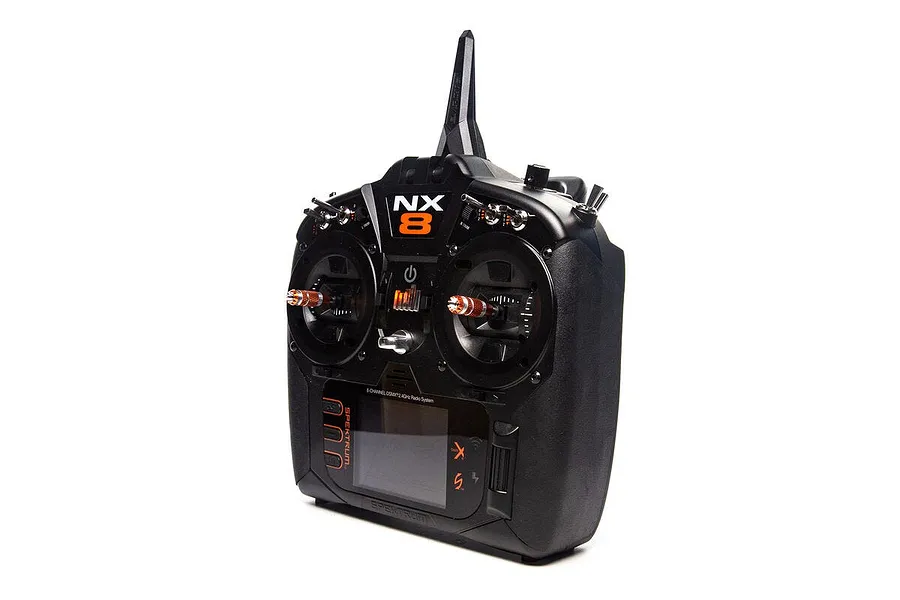 Spektrum NX8 8-channel RC transmitter in black with orange accents, featuring dual control sticks, switches, and a digital display screen.
