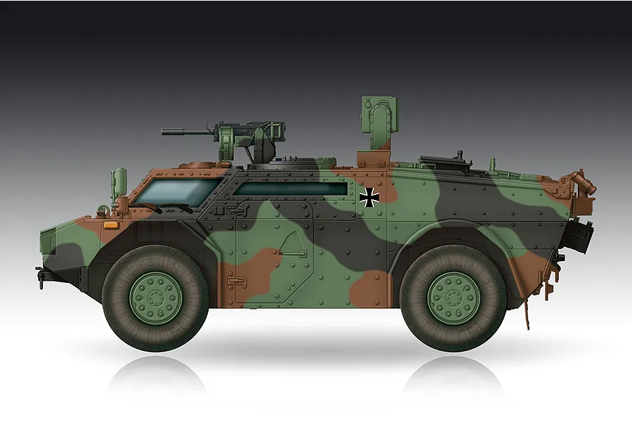 Side profile illustration of a German Fennek LGS armoured reconnaissance vehicle in camouflage paint with a mounted machine gun.