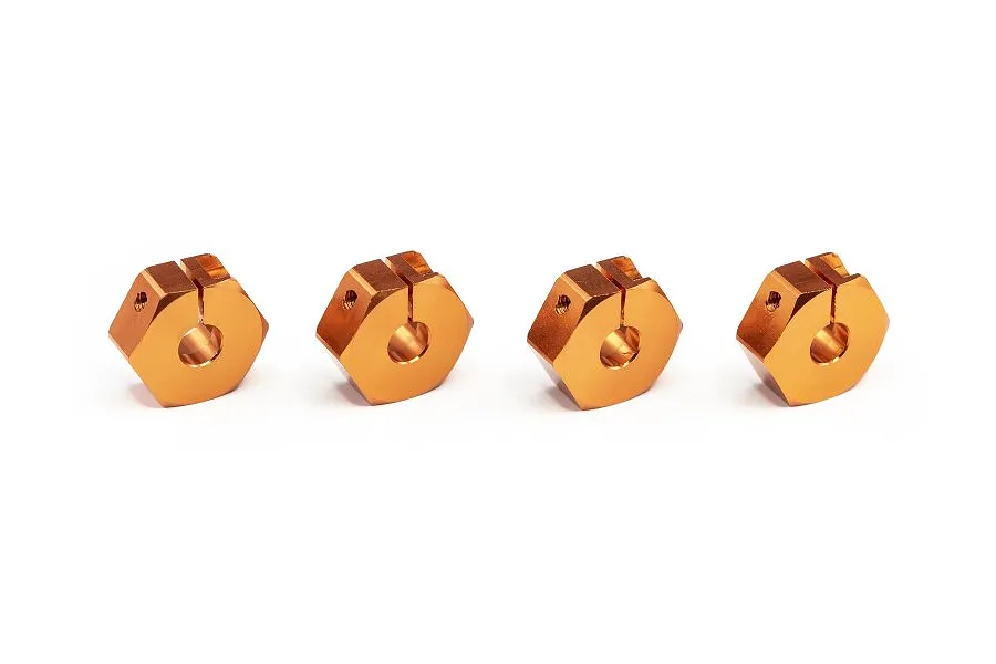 Four orange anodized aluminium 12mm wheel hexes for RC cars, arranged in a row against a white background.