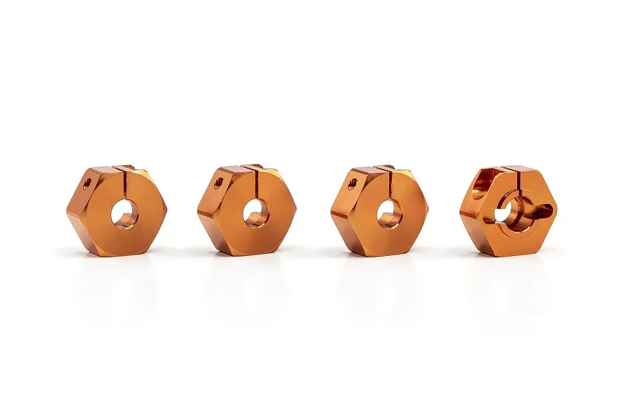 Four orange anodized aluminium 12mm wheel hex adapters for RC cars arranged in a row on a white background.
