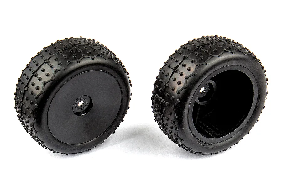 Team Associated 1/14 Wide Mini Pin Rear Tyres on Black Dish Rims - Glued Wheels 2Pcs image 84201