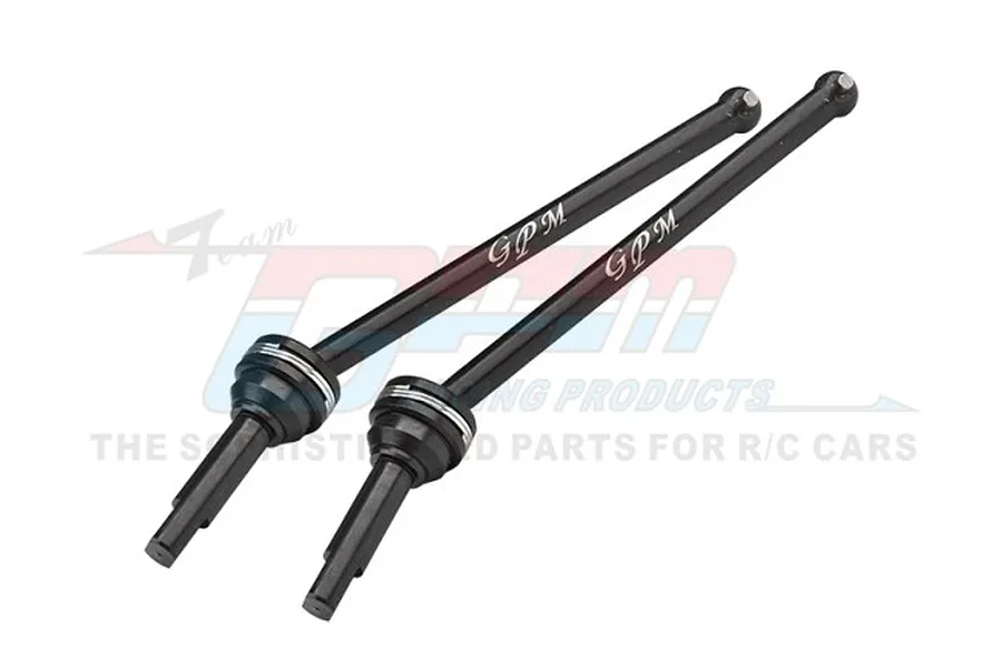Two black GPM Racing carbon steel centre CVD driveshafts for RC cars, shown against a white background with a faint watermark.