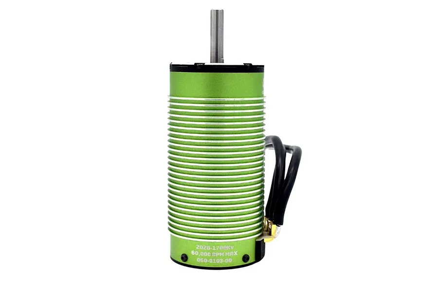 Castle Creations 2028-1700Kv brushless motor with a green finned aluminum casing and black wire leads.