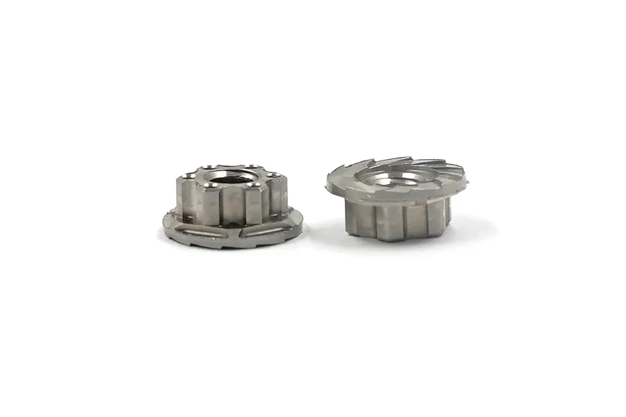 Two silver-coloured flanged serrated nuts for RC vehicles, shown from side and top-angled perspectives against a white background.
