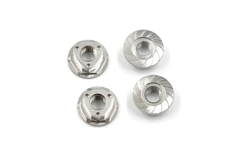 Yeah Racing Silver Titanium 4mm Flanged Serrated Nuts - Type B 4Pcs image 84633