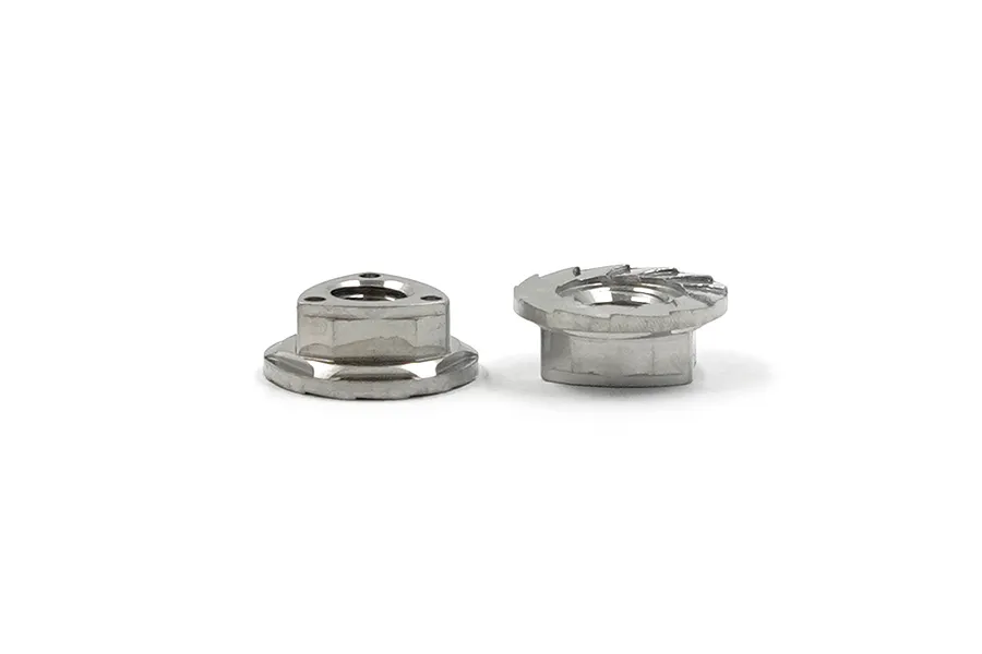 Two silver-coloured flanged serrated nuts for RC cars, shown from top and side angles against a white background.