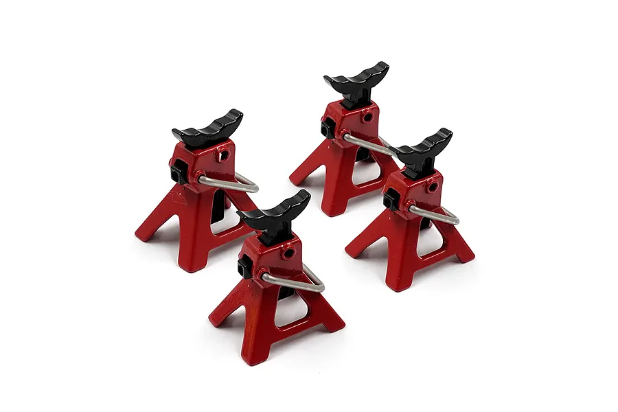 Four red and black scale model aluminium jack stands for RC cars arranged on a white background.