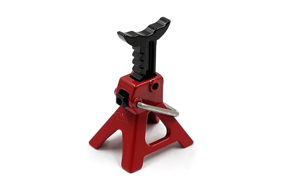 A single red and black scale model jack stand for RC cars, featuring an adjustable height mechanism and a metal safety pin.