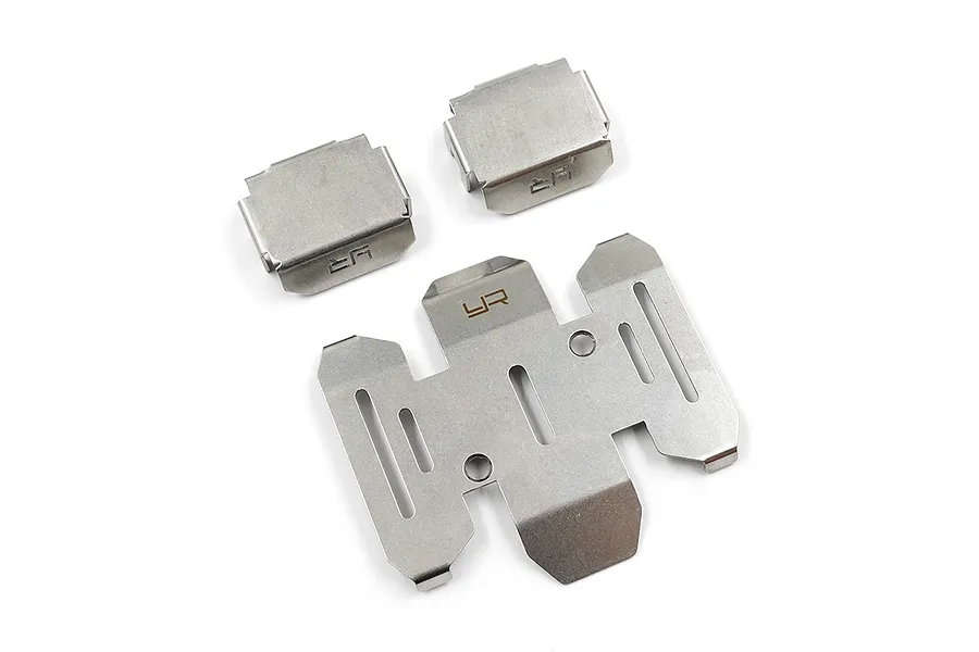 A set of three stainless steel skid plates for an RC car, featuring the Yeah Racing logo etched onto the metal surfaces.