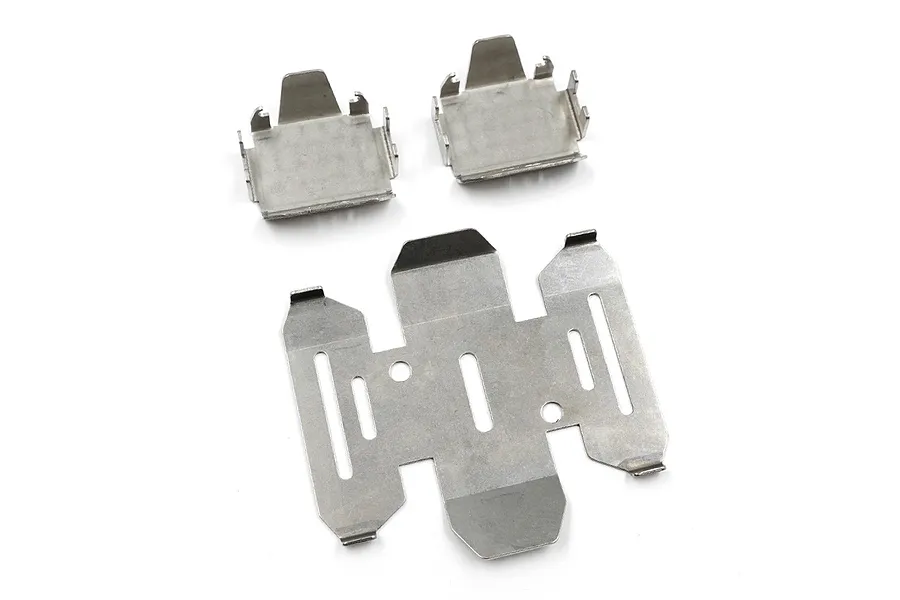 A set of three stainless steel skid plates for an RC vehicle, featuring one large plate and two smaller matching plates.