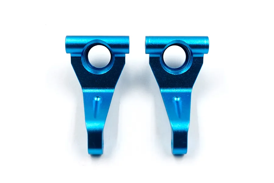 Two blue anodized aluminium RC front steering hubs positioned side-by-side against a white background.