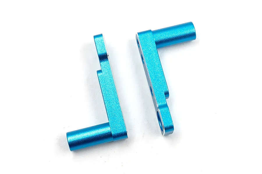 Two blue anodized aluminium RC servo mounts shown from a top-down perspective against a white background.