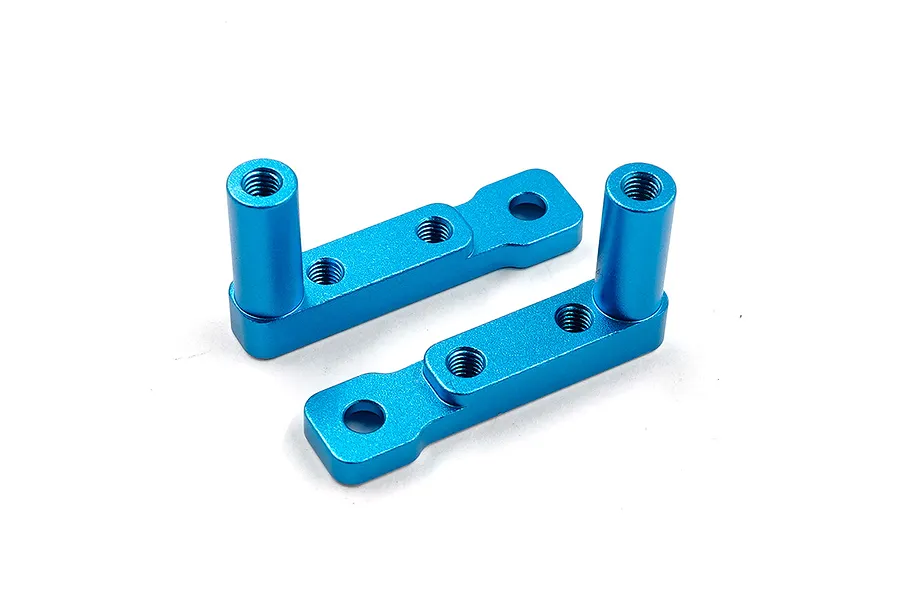 Two blue anodized aluminium servo mounts for RC cars, featuring threaded holes and vertical posts.