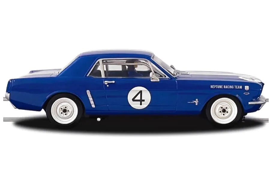 Side view of a blue Scalextric 1/32 scale Ford Mustang slot car with white racing stripes and the number 4 on the door.