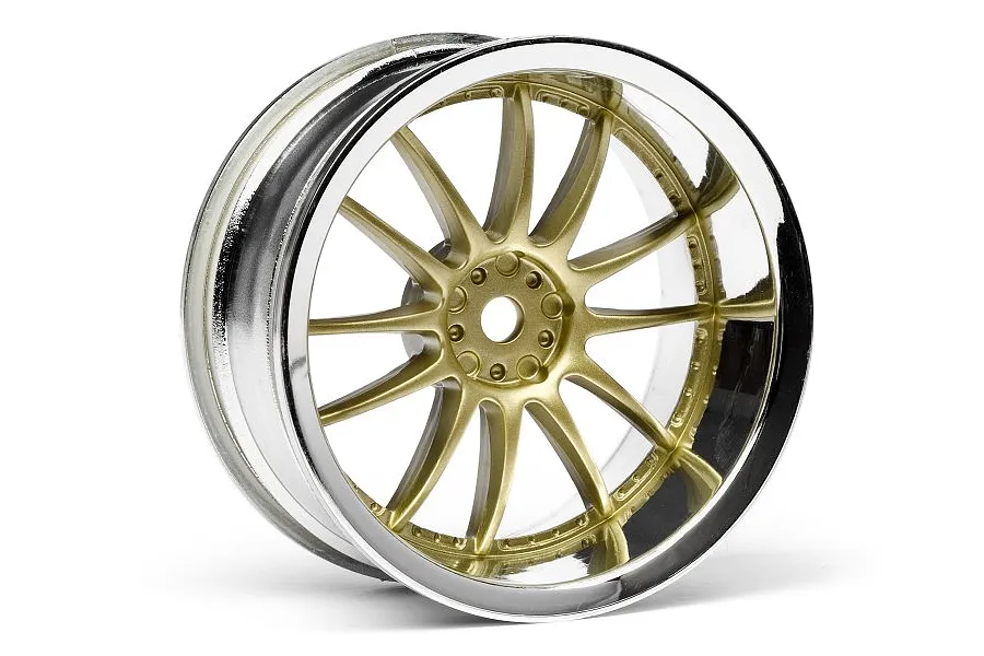 A single HPI Work XSA 02C RC car rim featuring a gold multi-spoke center and a polished chrome outer dish.