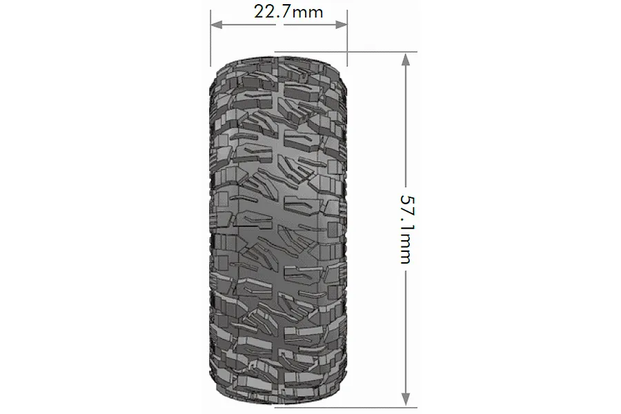 Technical diagram showing the dimensions of a Louise RC crawler tyre, measuring 57.1mm in height and 22.7mm in width.