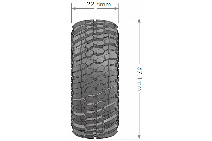 Technical diagram showing the dimensions of a Louise RC crawler tyre, measuring 57.1mm in height and 22.8mm in width.