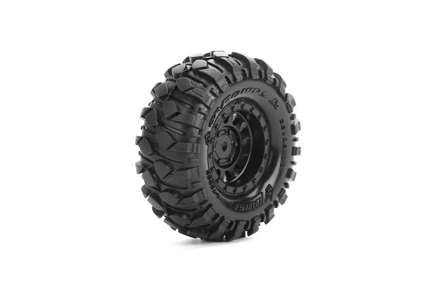 A single Louise 1.0 inch CR-Rowdy crawler tyre pre-mounted on a black plastic beadlock-style rim against a white background.