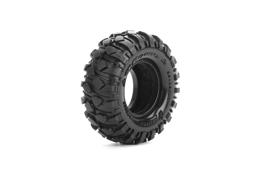 A single Louise 1.0 inch CR-Rowdy super soft crawler tyre with aggressive tread pattern on a black rim, isolated on a white background.