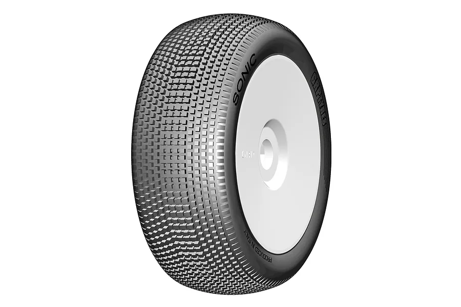 GRP 1/8 Sonic Medium Tyres Mounted On White Dish Rims - Glued Wheels 2pcs image 84988