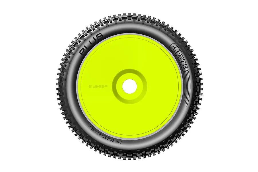 A single GRP Plus RC buggy tyre mounted on a bright yellow dish rim, shown in a studio product shot.