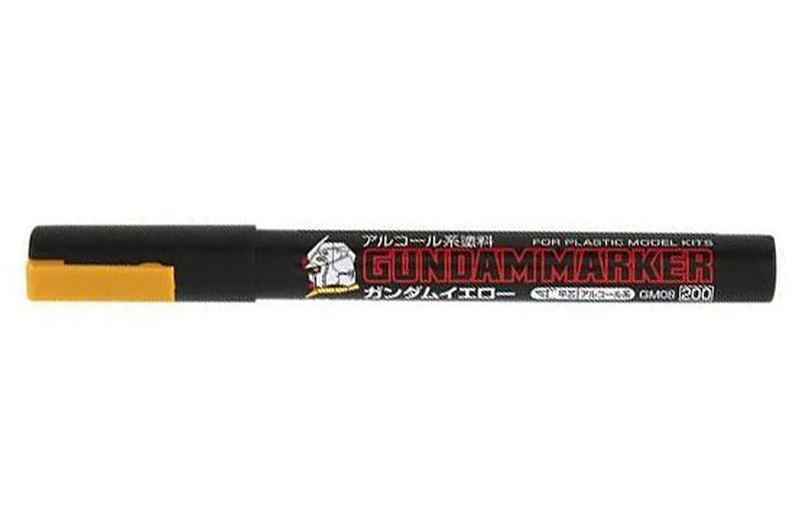 A Mr. Hobby Gundam Marker in yellow, model GM08, featuring a black barrel with red and white text and a yellow cap clip.