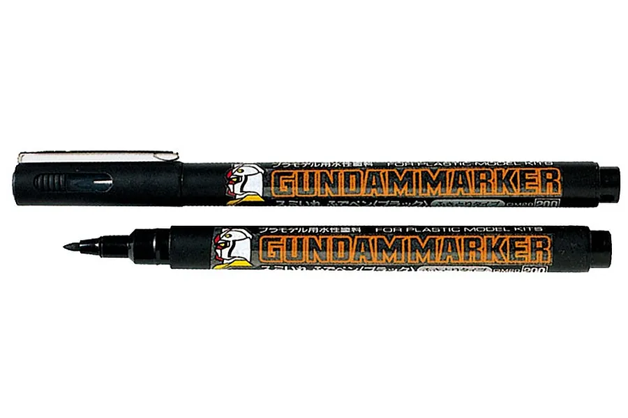 Two Mr Hobby Gundam Marker GM20 black brush-type pens, one capped and one uncapped, shown against a white background.
