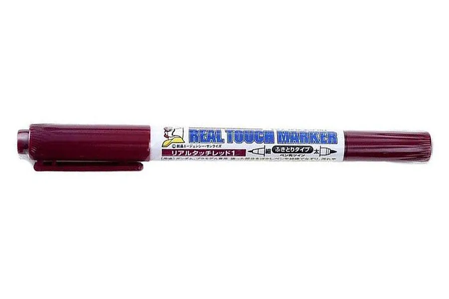 A Mr. Hobby Real Touch Gundam Marker in deep red, featuring a dual-tip design and Japanese branding on a white background.