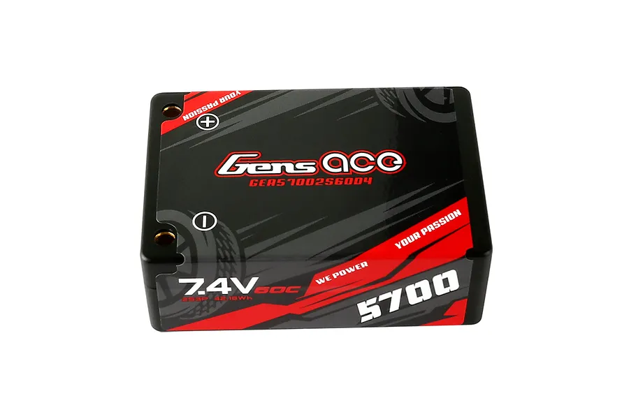 Gens Ace 7.4V 5700mAh 60C 2S3P hard case LiPo battery with black and red branding.