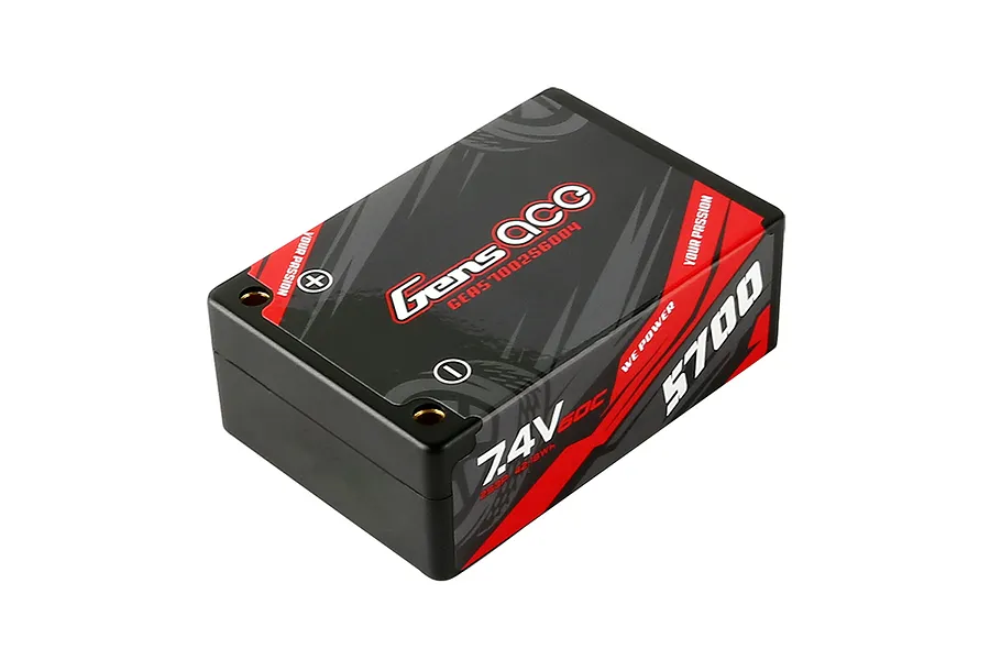 Gens Ace 7.4V 5700mAh 60C 2S3P hard case LiPo battery pack with black and red branding.
