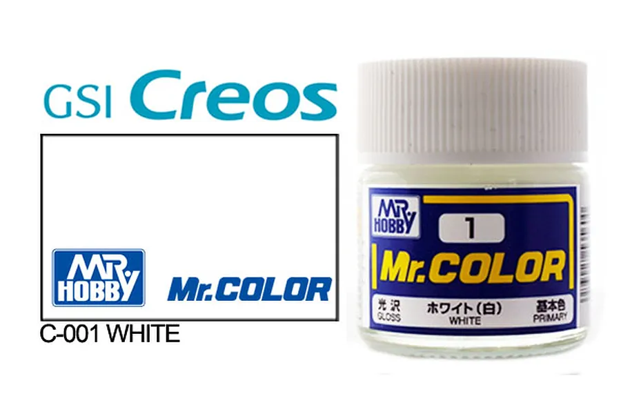 A 10ml glass jar of Mr. Hobby Mr. Color White Gloss paint with a white cap, shown alongside the GSI Creos and Mr. Color brand logos.