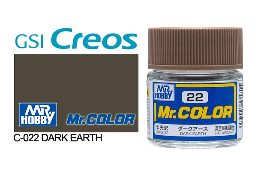 A 10ml jar of Mr. Color Dark Earth semi-gloss acrylic paint by GSI Creos, showing the product label and a color swatch.
