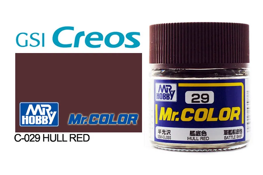 A bottle of Mr. Color Hull Red semi-gloss acrylic paint, number C-29, by Mr. Hobby, shown next to a color swatch.
