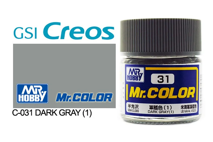 A 10ml glass jar of Mr. Color Dark Gray (1) semi-gloss paint by Mr. Hobby, featuring a blue label and black cap.