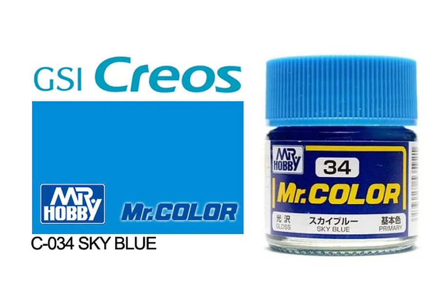 A 10ml jar of Mr. Hobby Mr. Color Sky Blue gloss acrylic paint, showing the blue cap, label with number 34, and brand logos.
