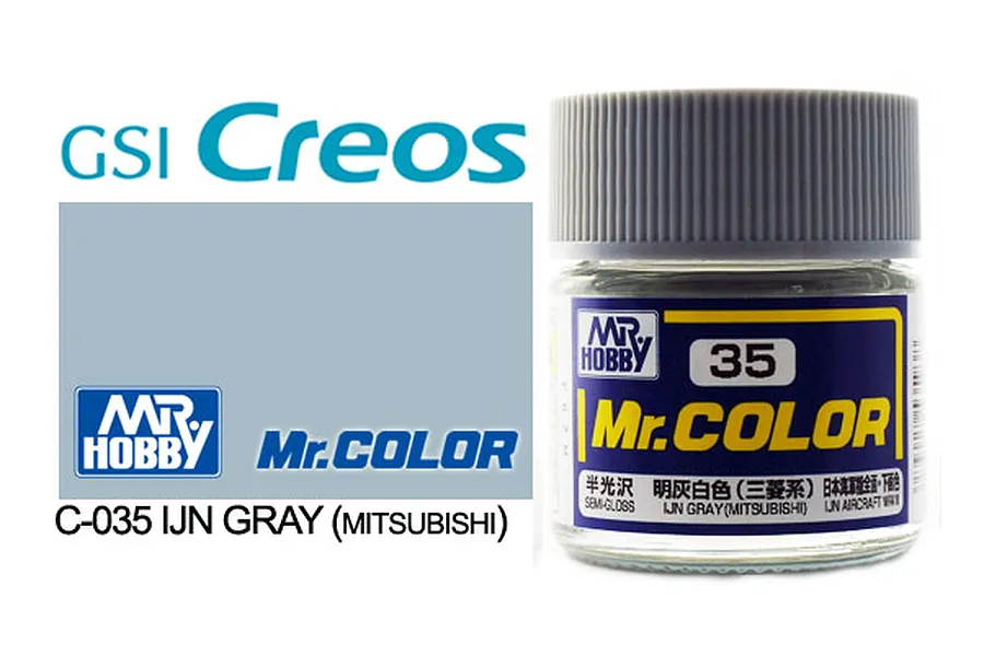 A 10ml jar of Mr. Color IJN Grey (Mitsubishi) semi-gloss acrylic paint, shown next to a color swatch and branding.