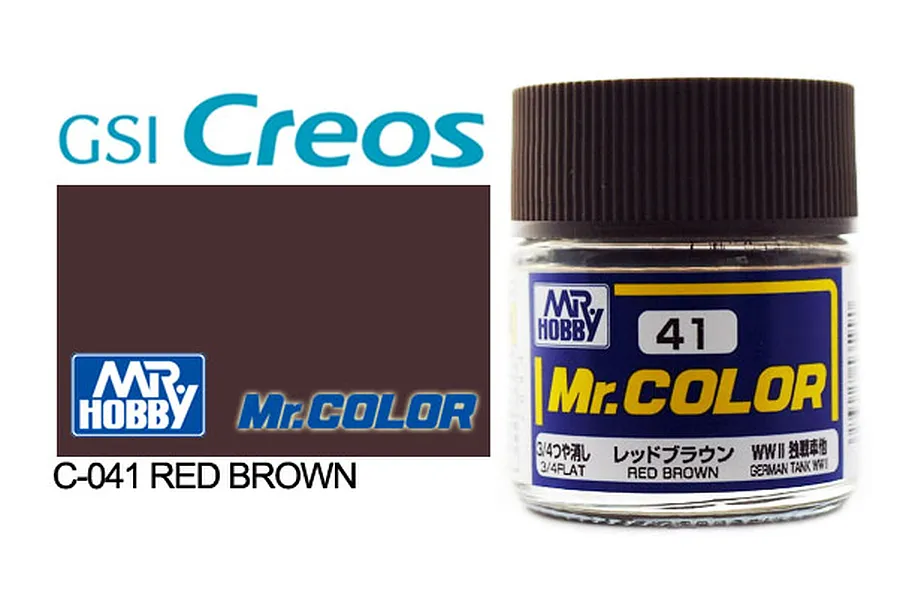 A small glass jar of Mr. Hobby Mr. Color Red Brown flat acrylic paint with a dark brown cap and a blue and yellow label.