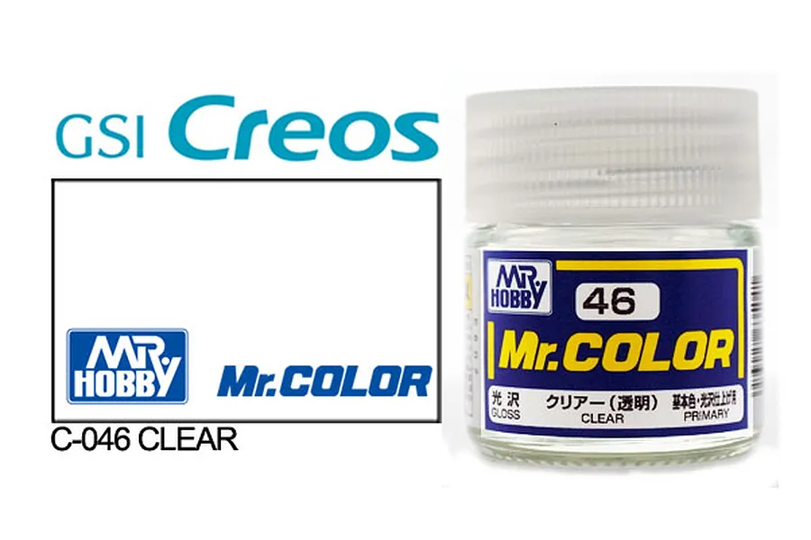 A 10ml glass jar of Mr. Color Clear Gloss acrylic paint by GSI Creos, featuring a blue and yellow label with the number 46.