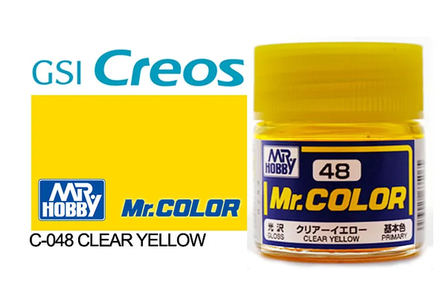A 10ml jar of Mr. Hobby Mr. Color Clear Yellow gloss acrylic paint, showing the yellow cap and label with product number 48.