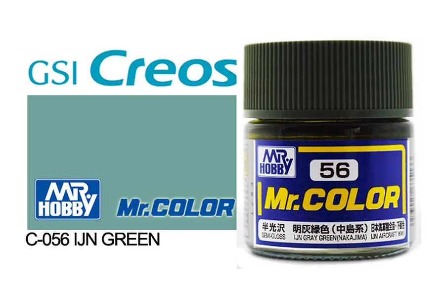 A 10ml jar of Mr. Color IJN Grey Green (Nakajima) semi-gloss acrylic paint, showing the blue and yellow label with the number 56.