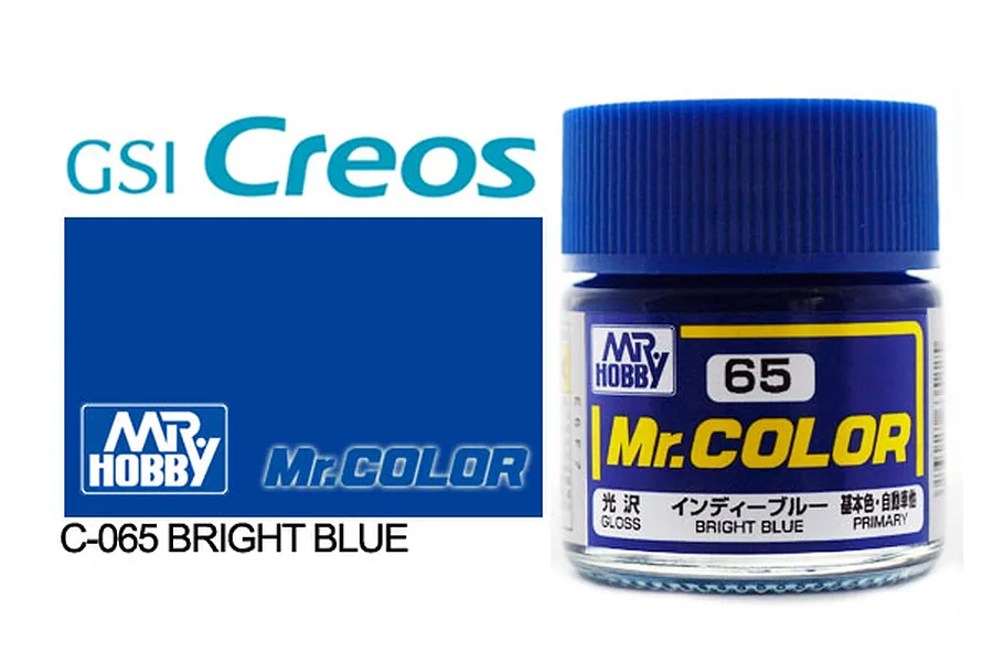 A bottle of Mr. Color Bright Blue gloss acrylic paint, showing the blue cap, glass jar, and label with the number 65.