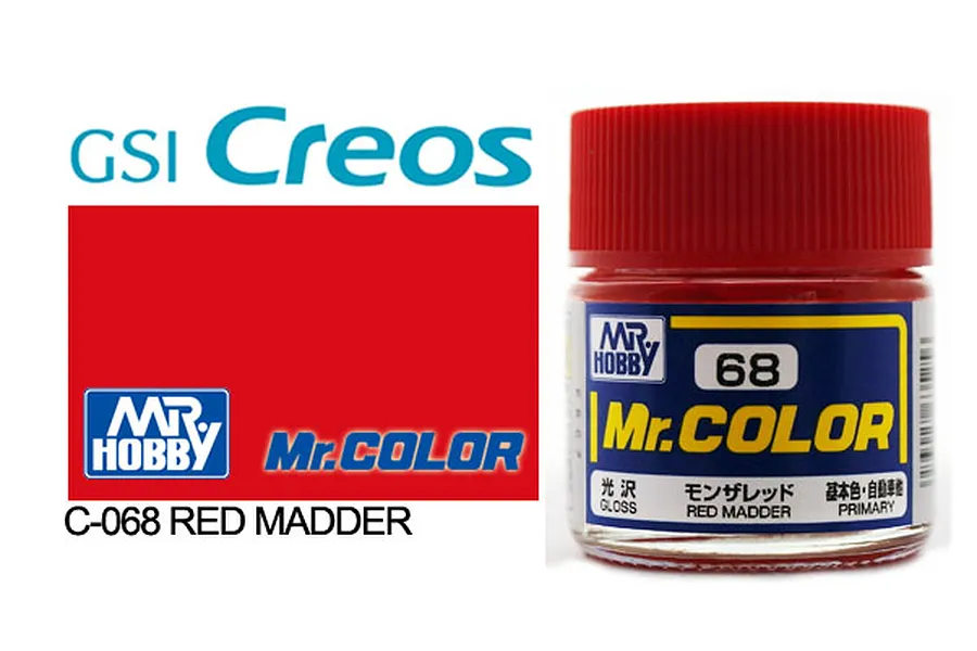 A bottle of Mr. Color Madder Red Gloss acrylic paint, showing the red cap and label with the product number 68.